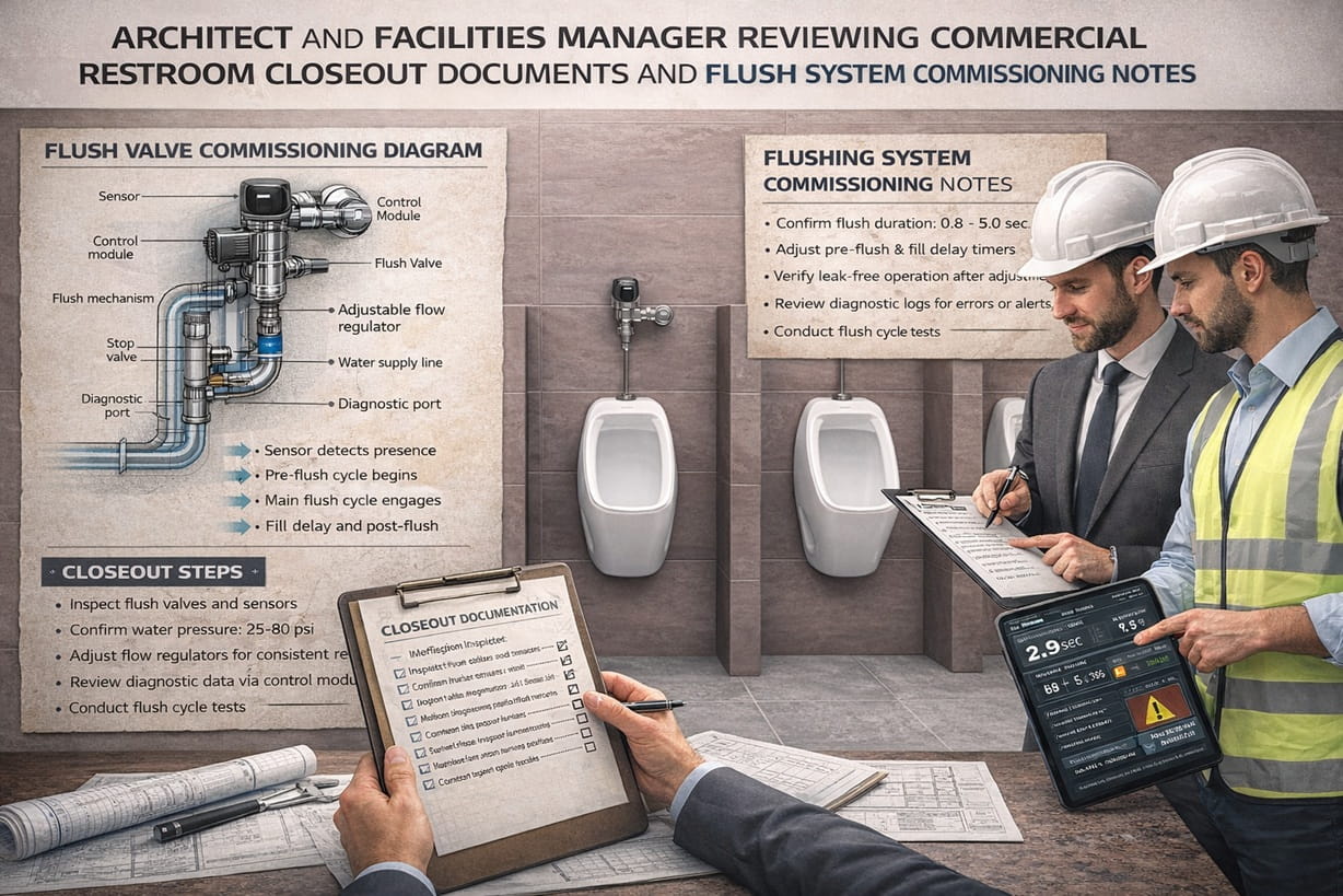 Architect and facilities manager reviewing commercial restroom closeout documents and flush system commissioning notes